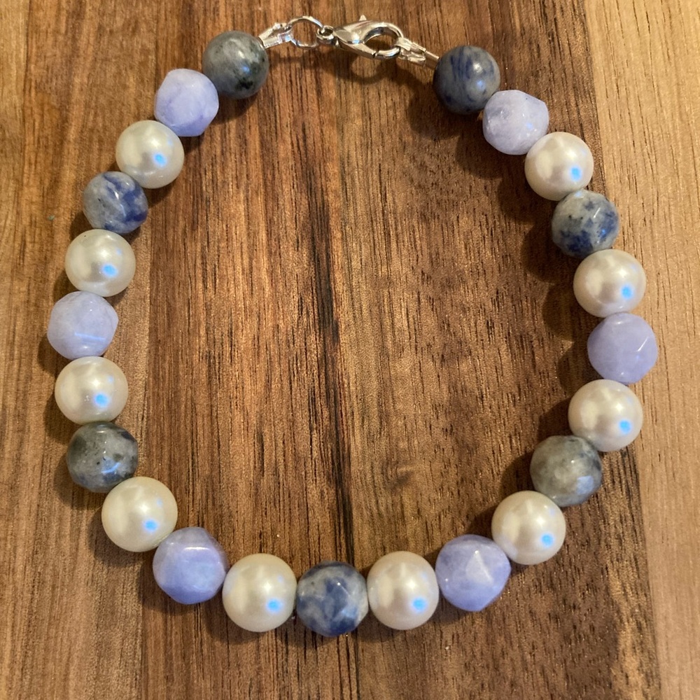 Handmade Beaded Bracelet with Aquamarine, Blue Sodalite, and Faux Pearl